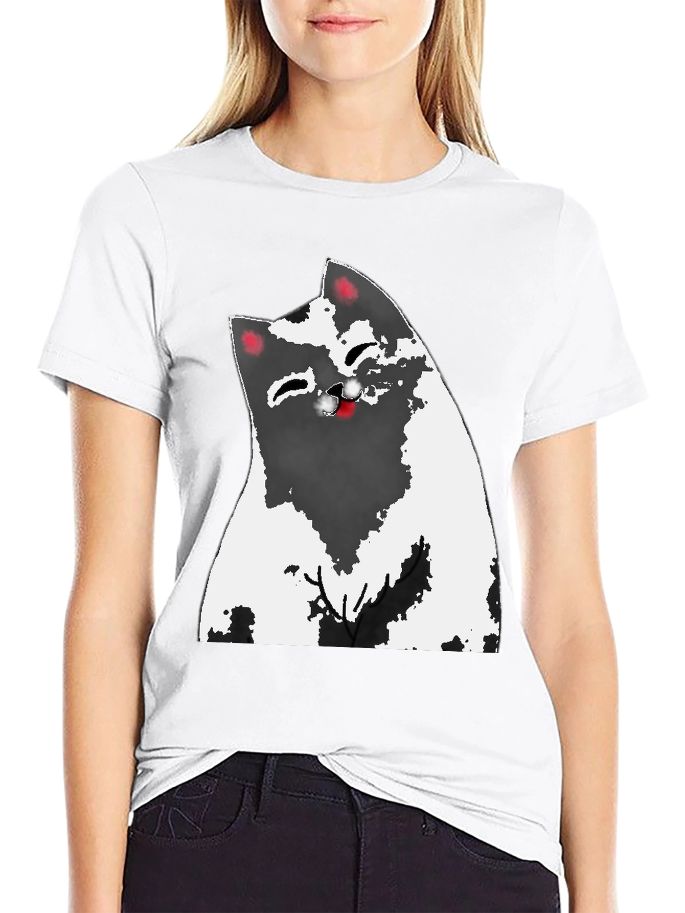 Cartoon Cat Graphic Tee - Black