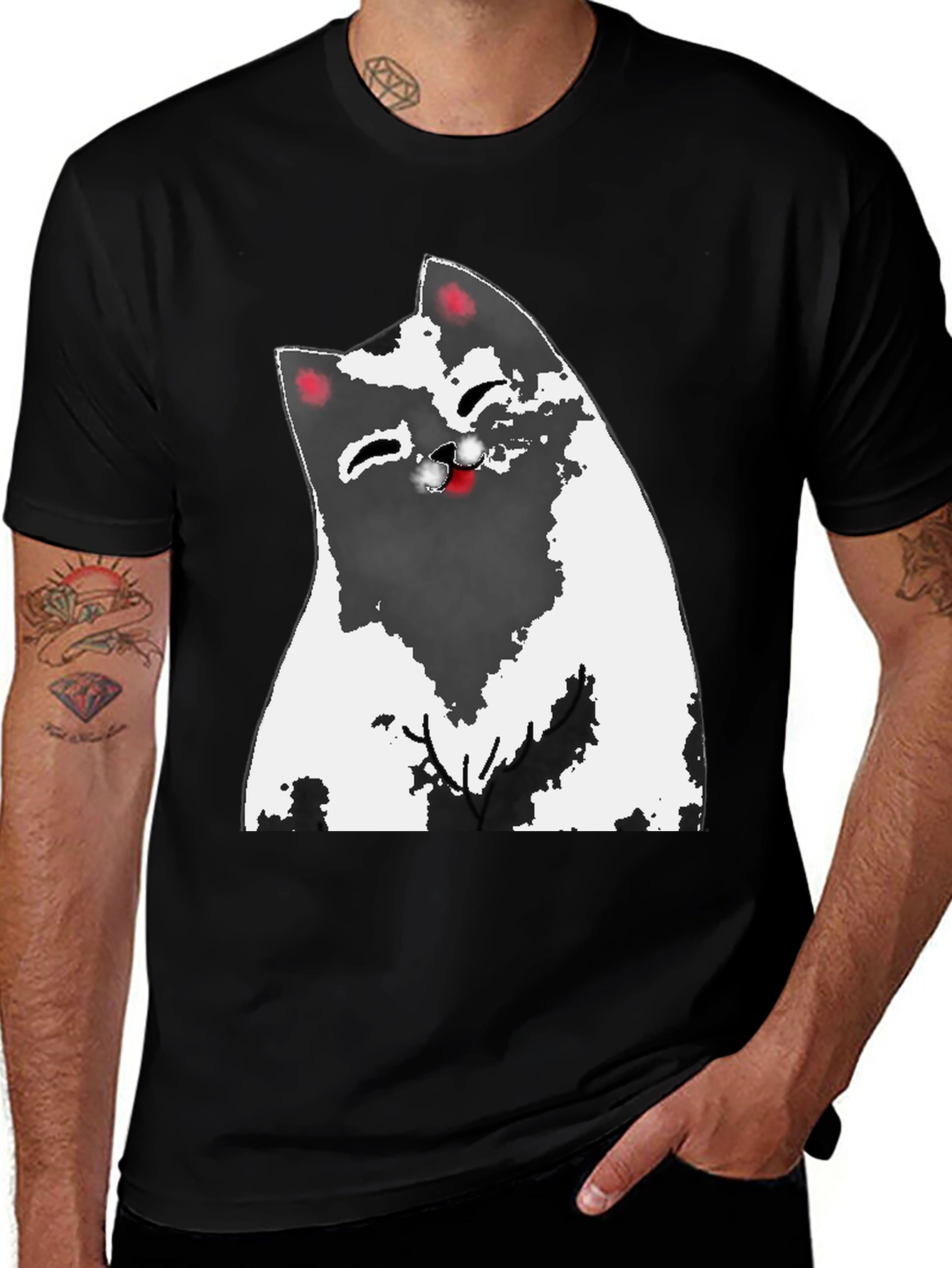Cartoon Cat Graphic Tee - Black