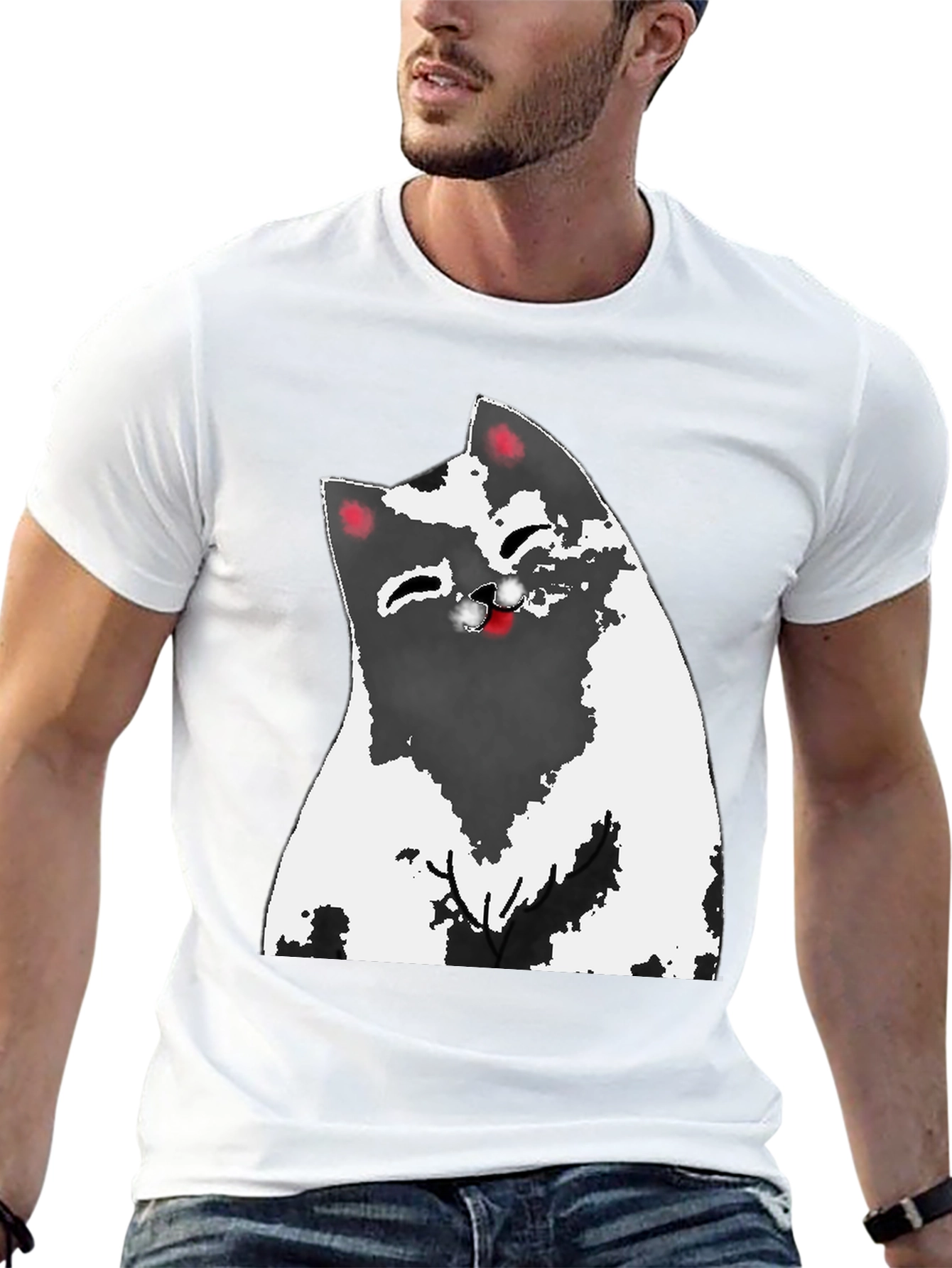 Cartoon Cat Graphic Tee - Black