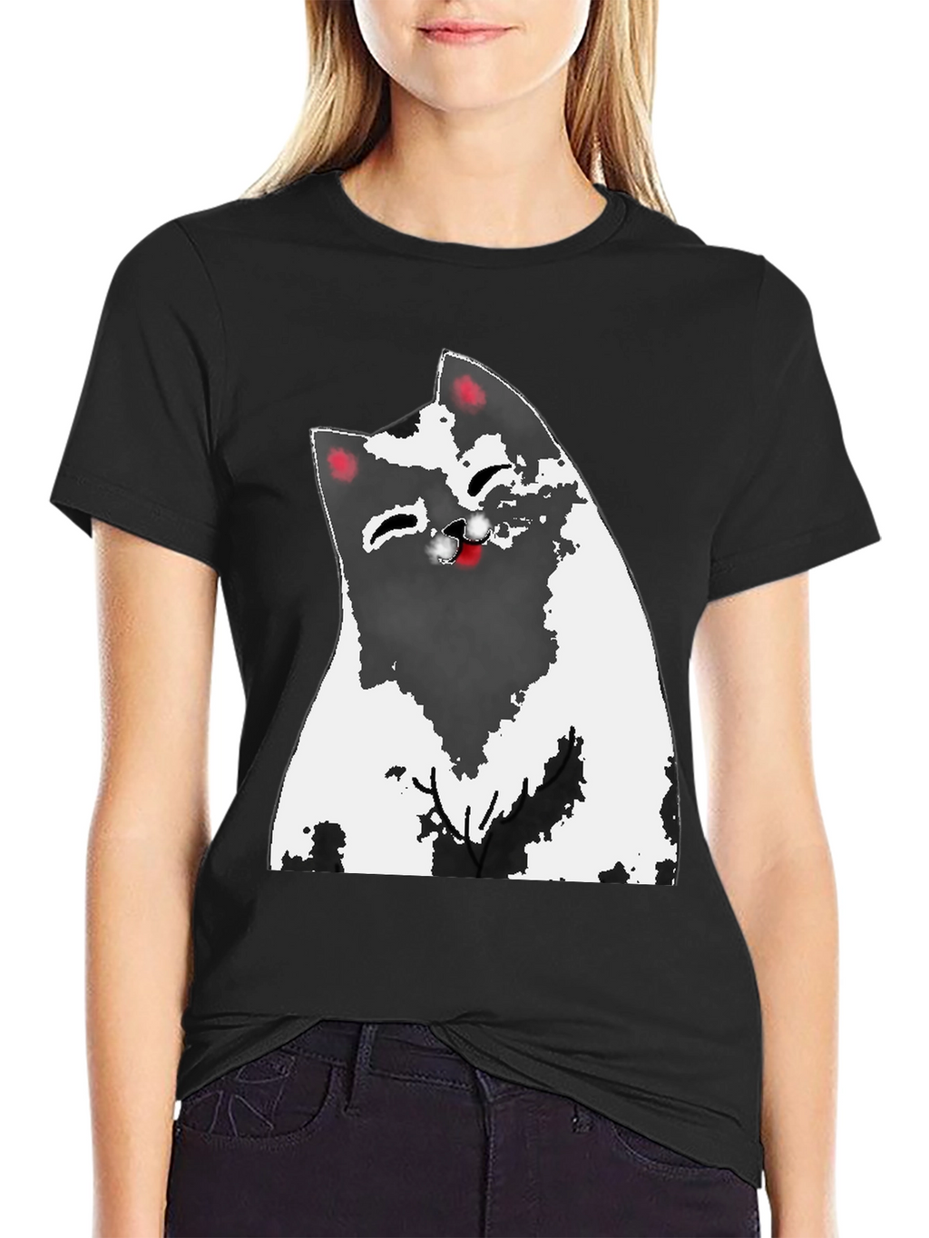 Cartoon Cat Graphic Tee - Black