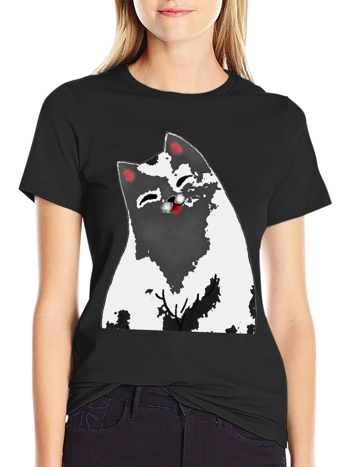 Cartoon Cat Graphic Tee - Black
