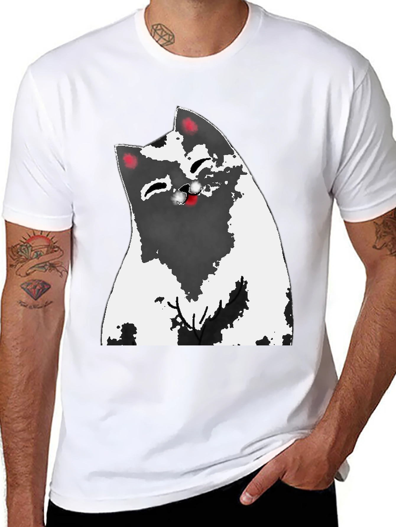 Cartoon Cat Graphic Tee - Black