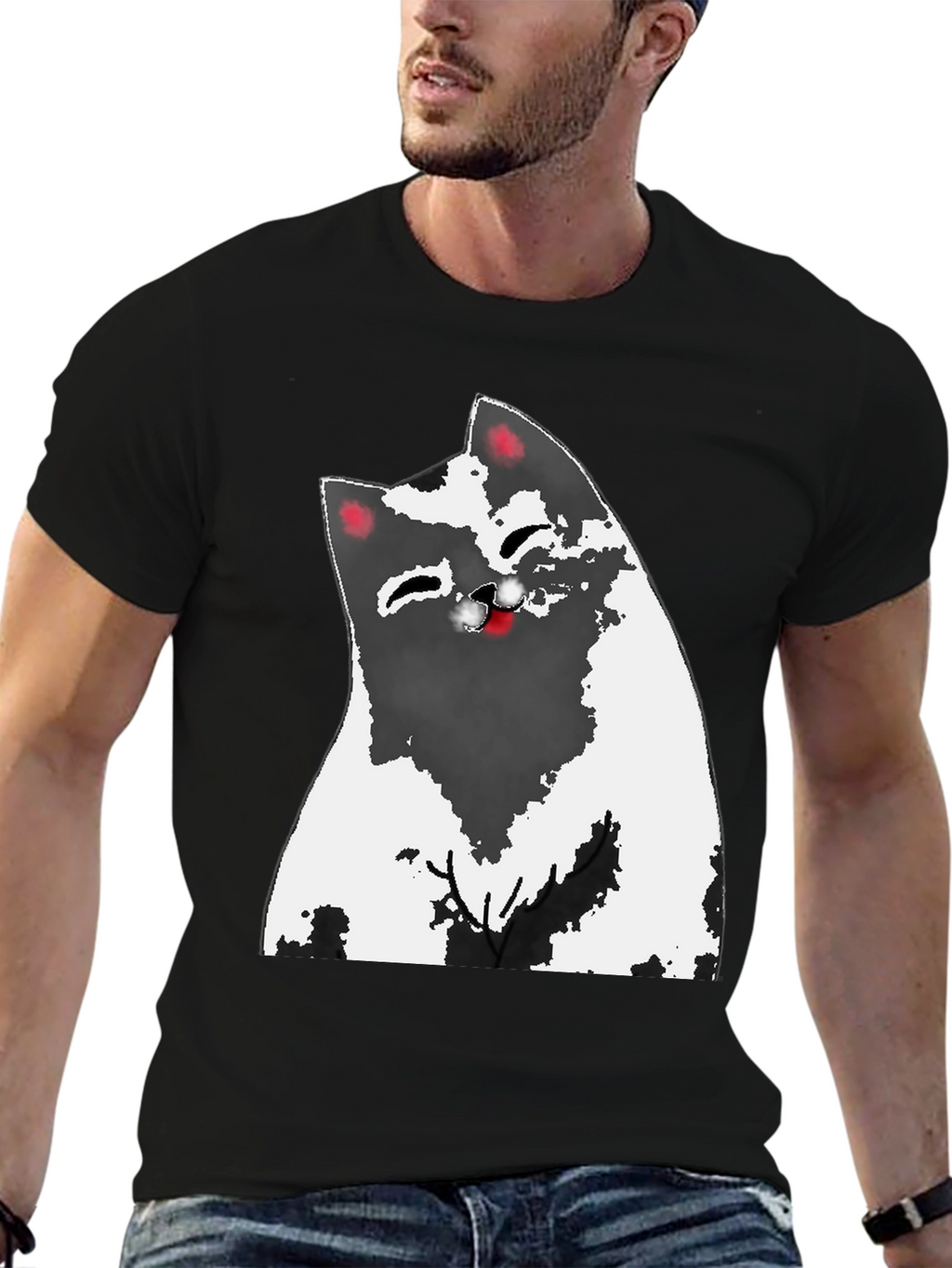 Cartoon Cat Graphic Tee - Black
