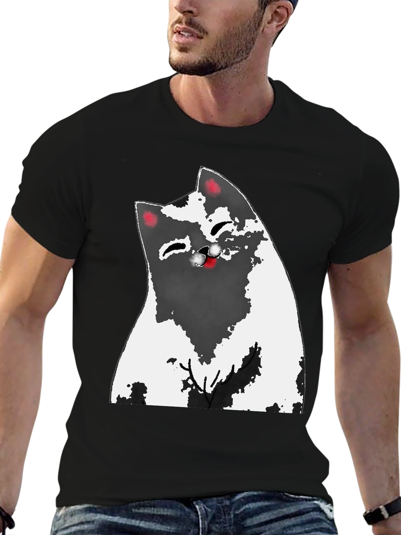 Cartoon Cat Graphic Tee - Black