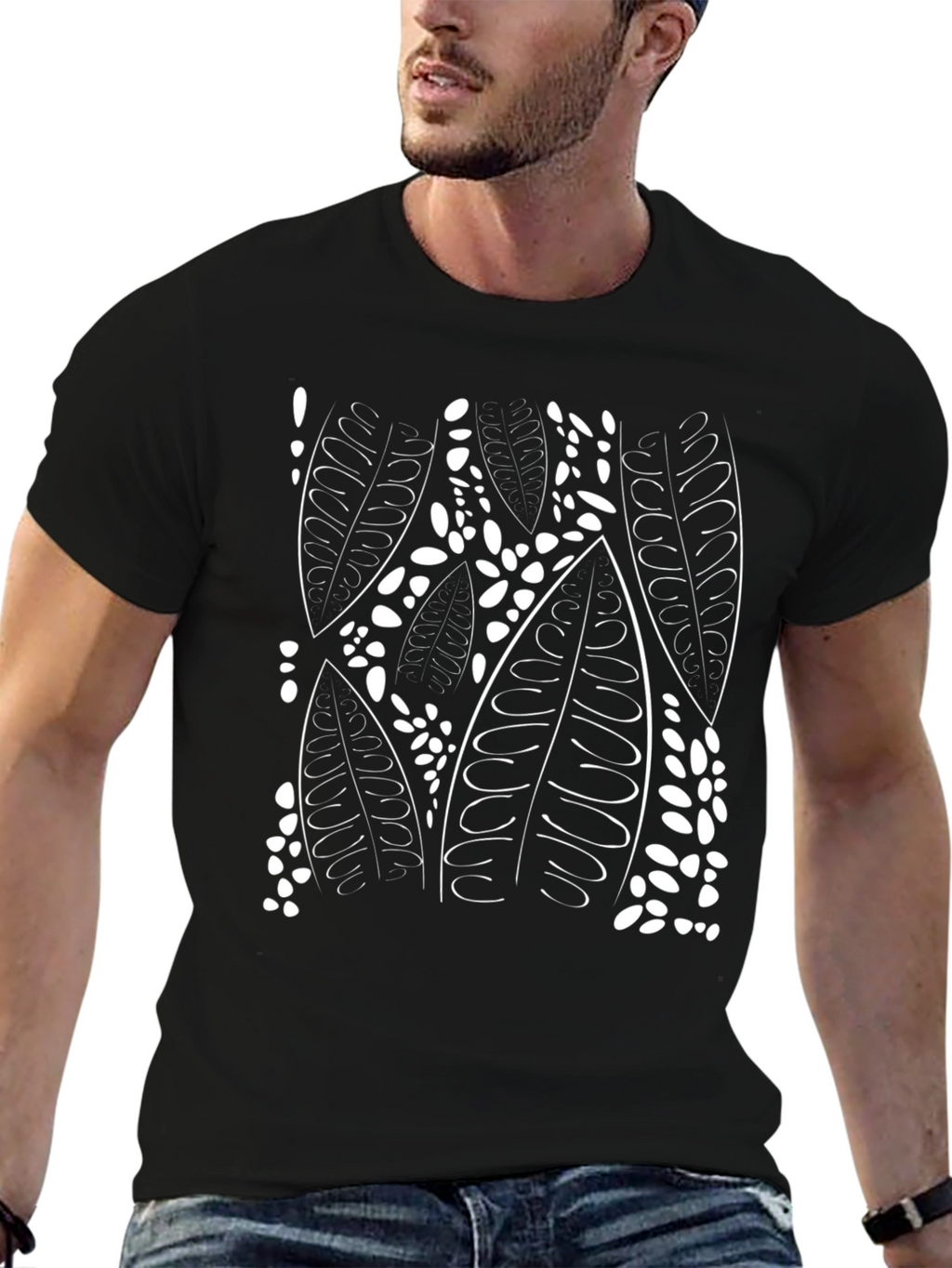 Leaf Print Black T-Shirt - Unique Design