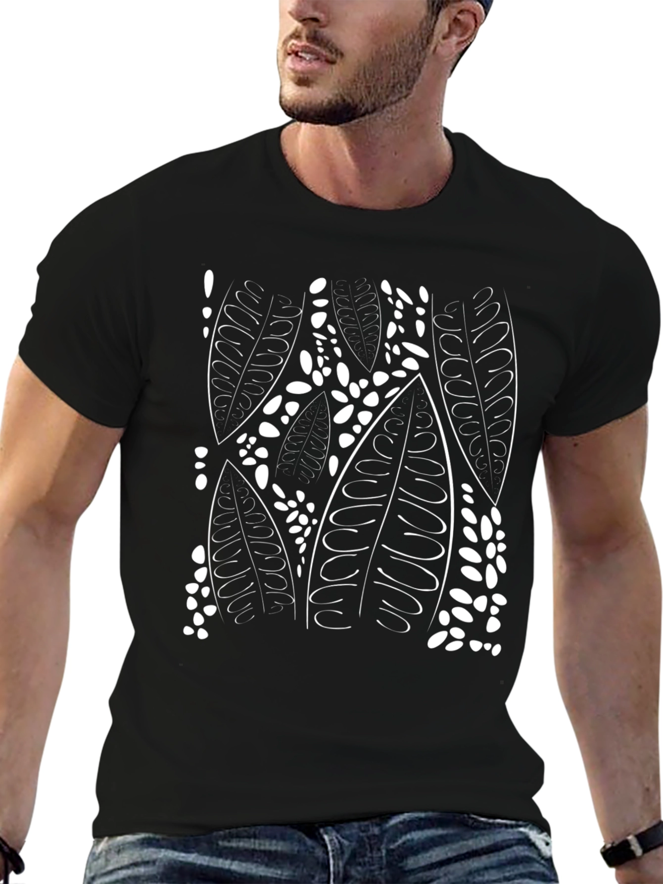 Leaf Print Black T-Shirt - Unique Design