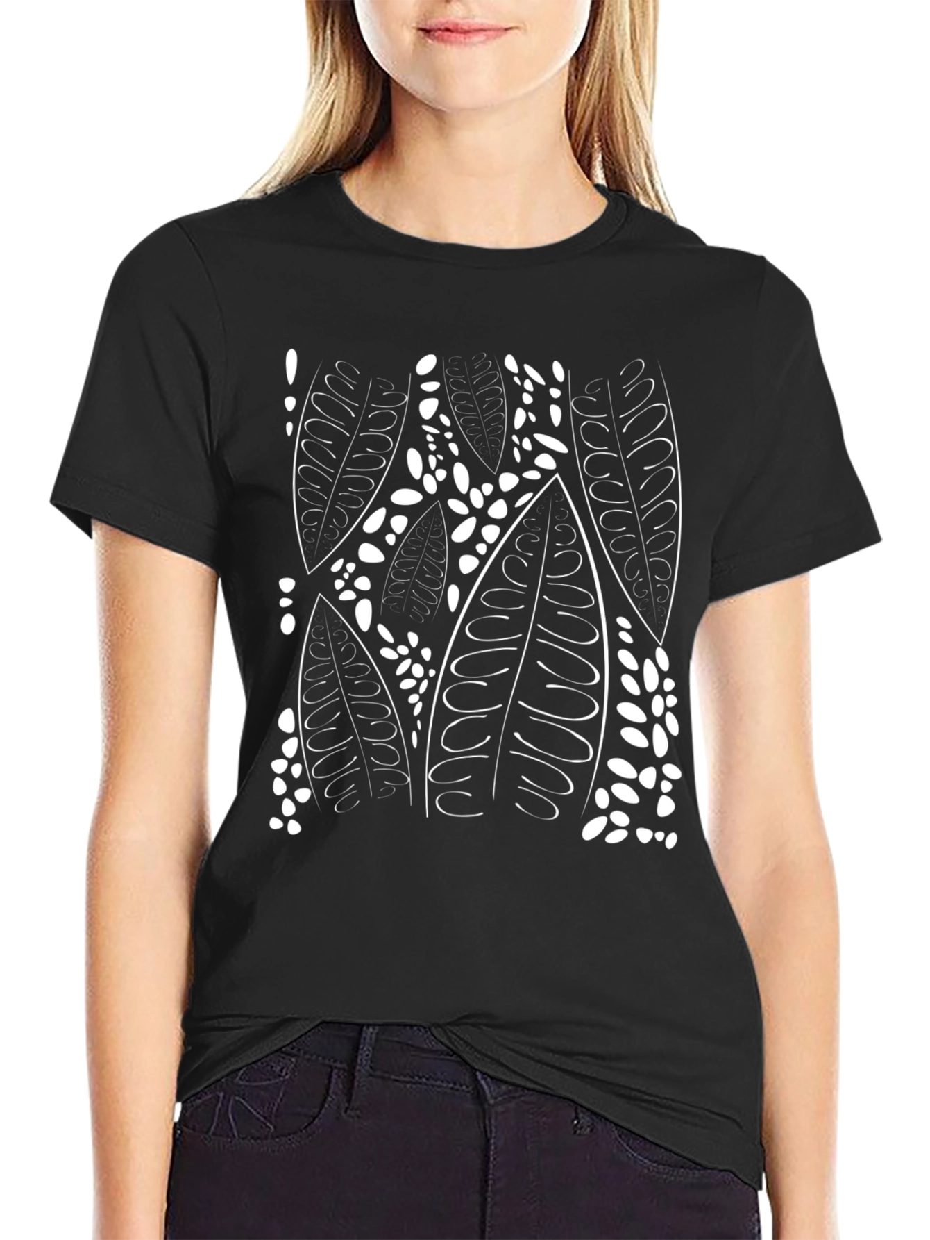 Leaf Print Black T-Shirt - Unique Design
