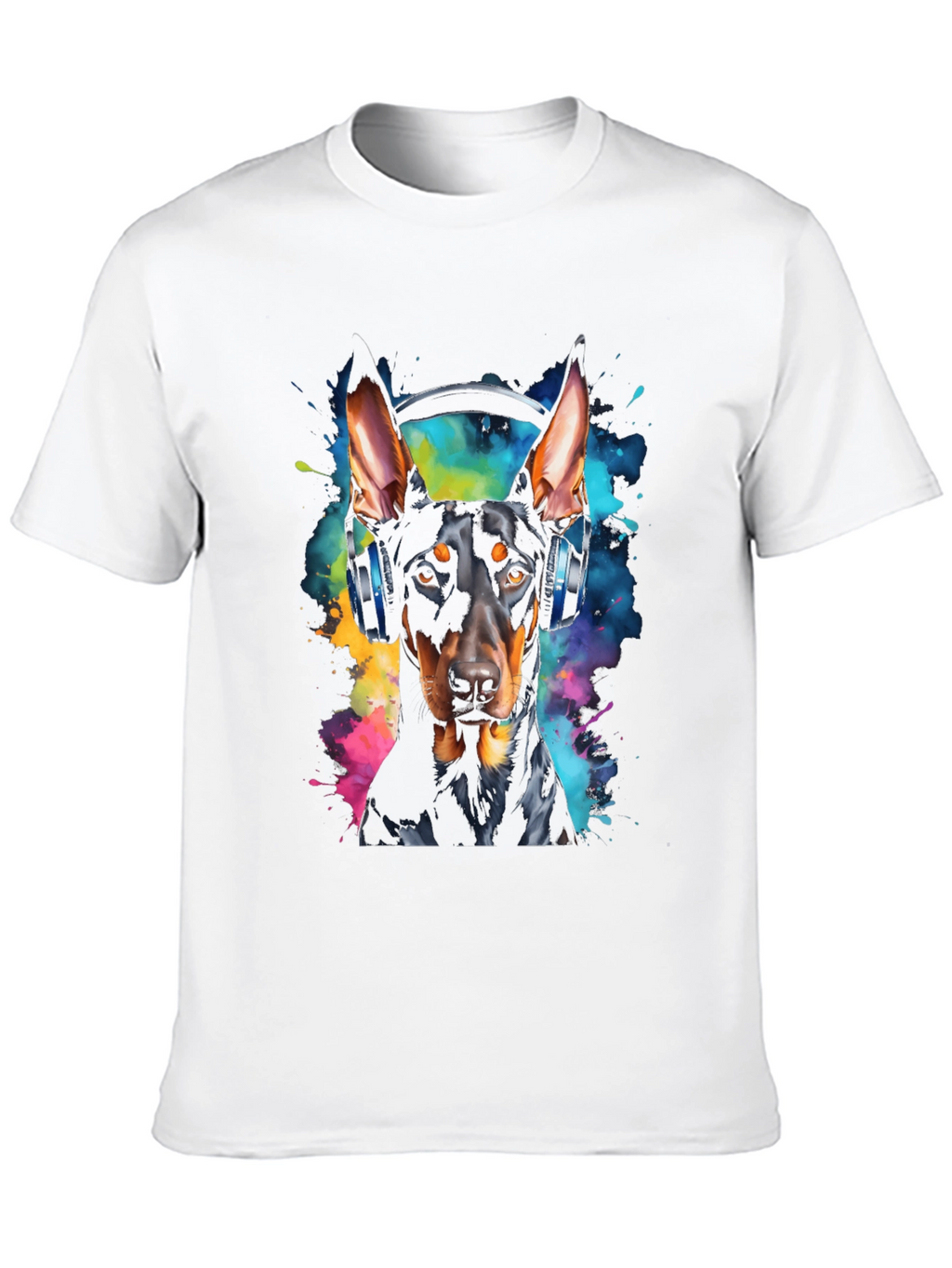 Doberman Dog Headphones Graphic Black T-Shirt