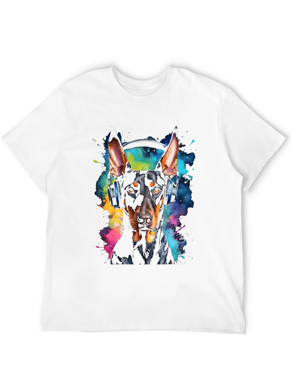 Doberman Dog Headphones Graphic Black T-Shirt