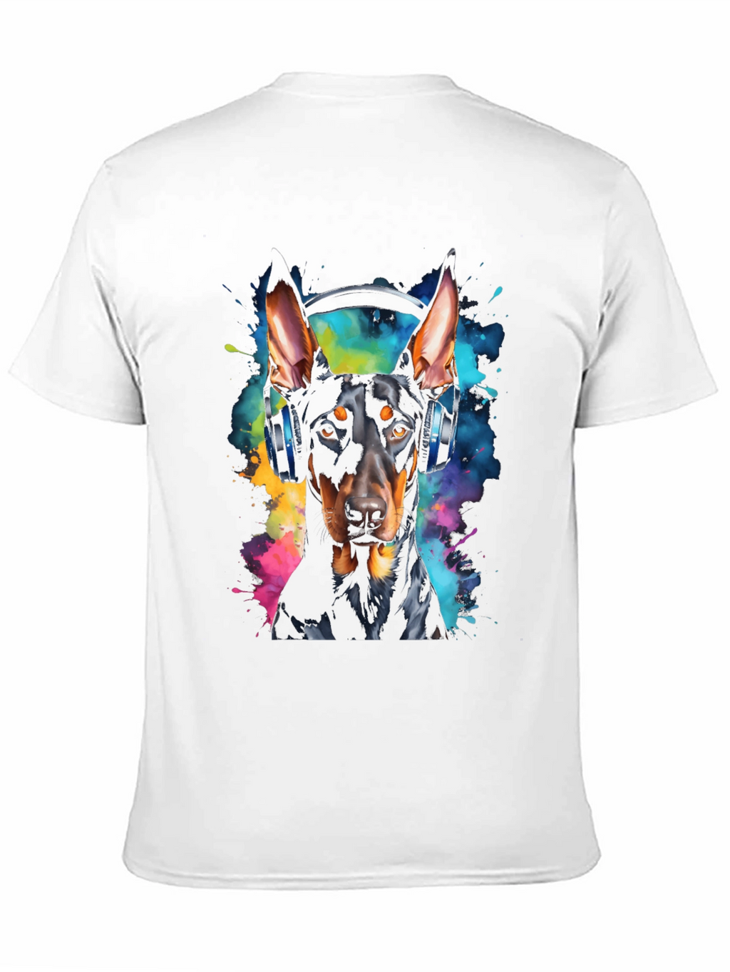 Doberman Dog Headphones Graphic Black T-Shirt