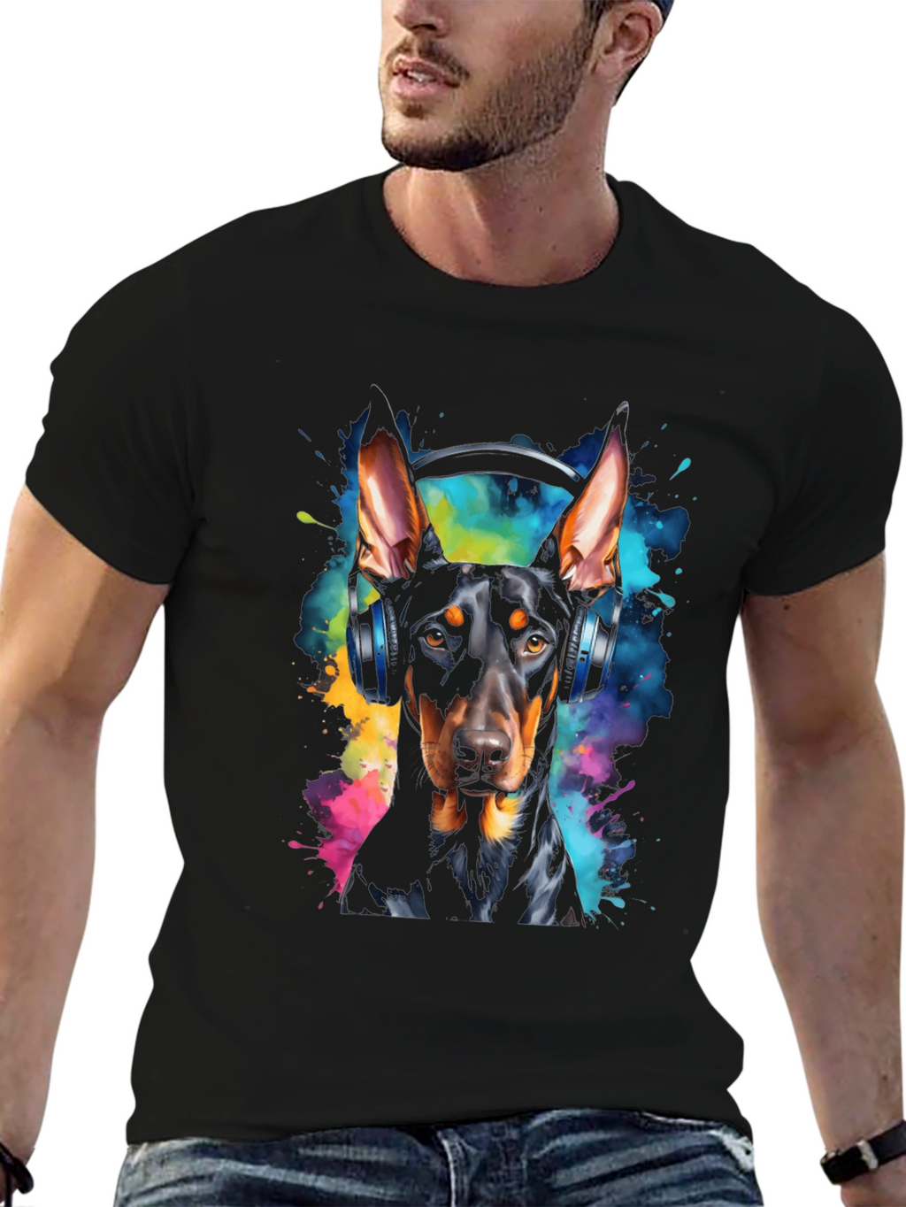 Doberman Dog Headphones Graphic Black T-Shirt