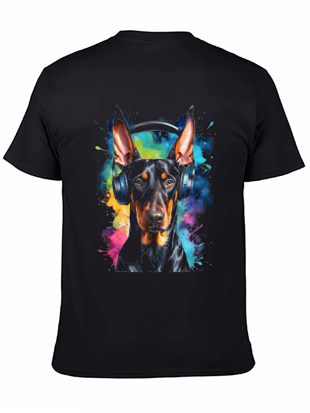 Doberman Dog Headphones Graphic Black T-Shirt
