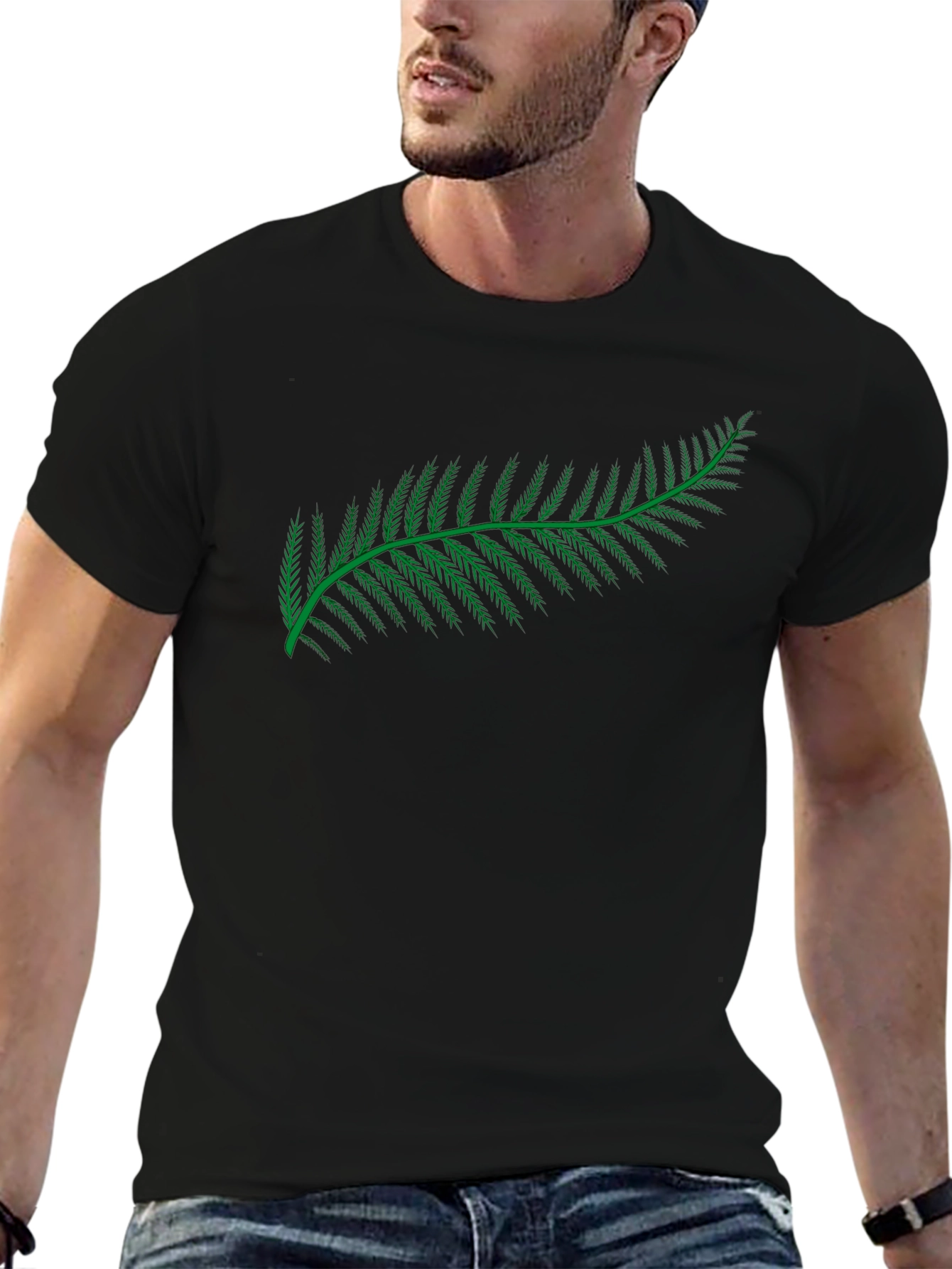 Black T-Shirt with Green Fern Design