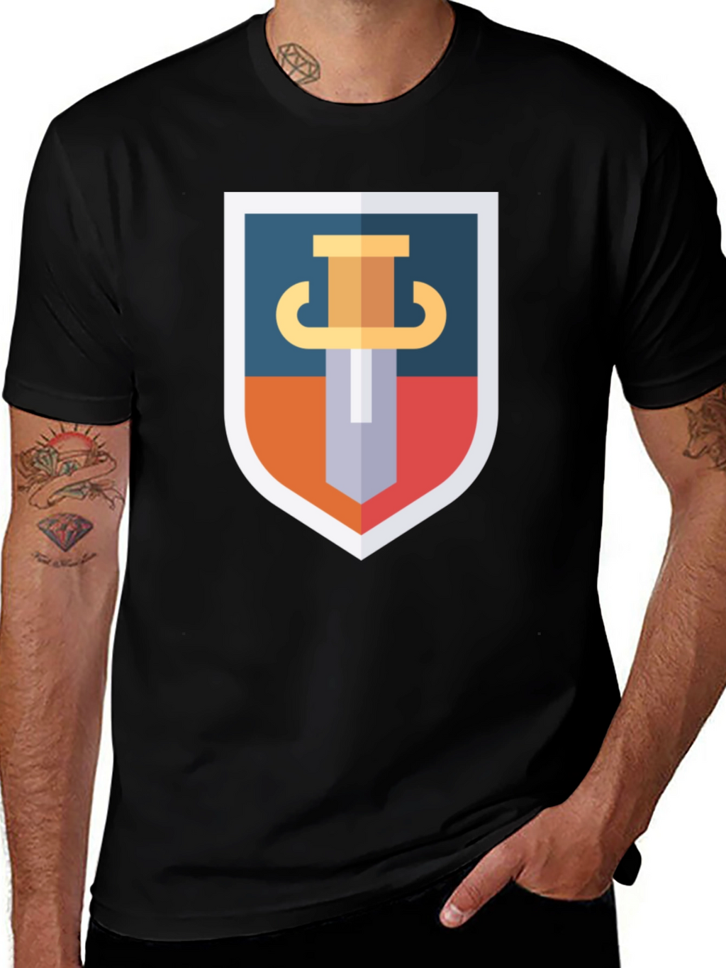 Sword Shield Graphic Tee - Black Cotton T-Shirt