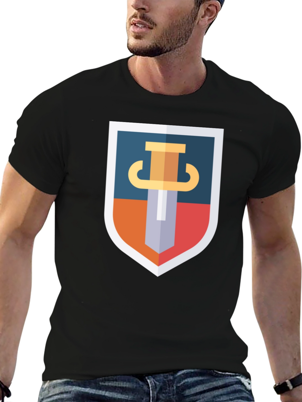 Sword Shield Graphic Tee - Black Cotton T-Shirt