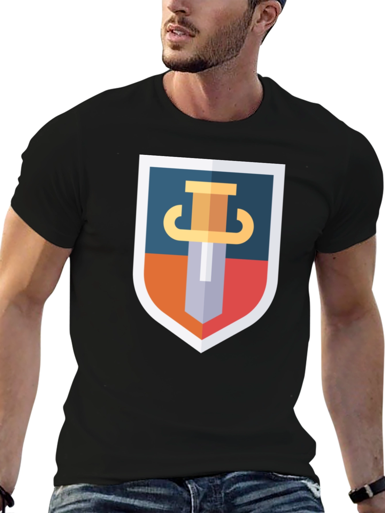 Sword Shield Graphic Tee - Black Cotton T-Shirt