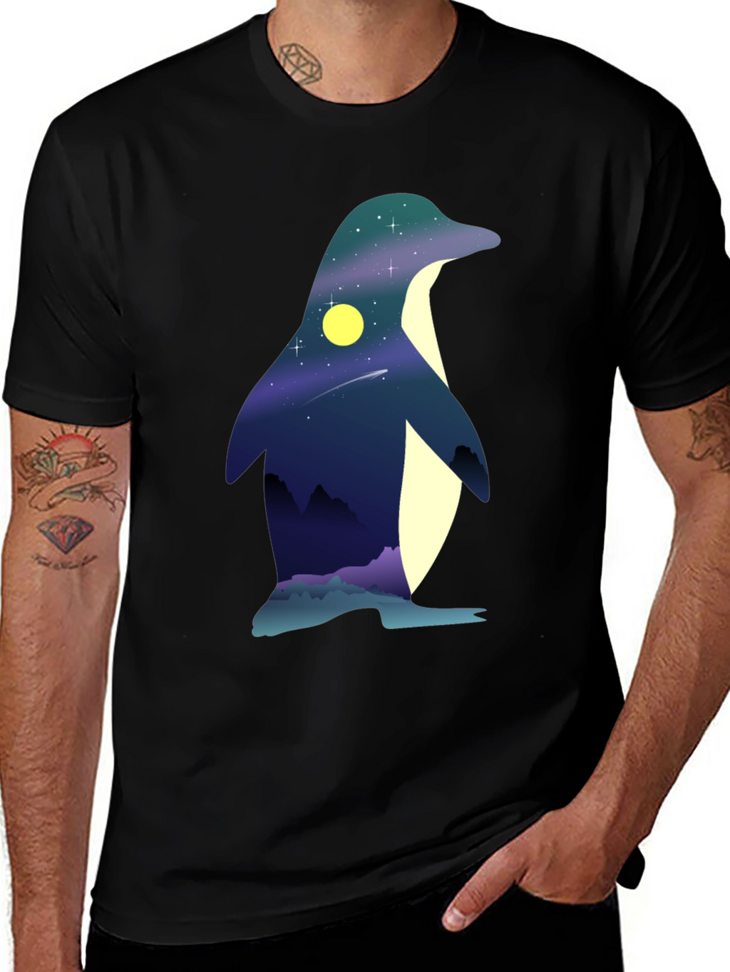 Night Sky Penguin Graphic Tee - Unique Mens T-Shirt