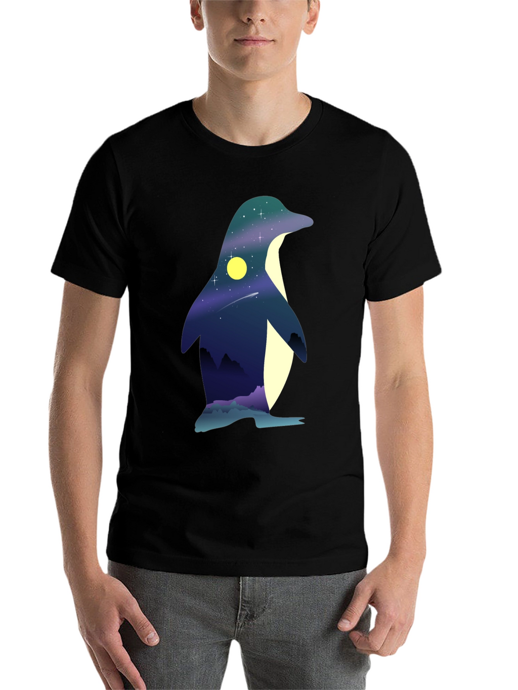 Night Sky Penguin Graphic Tee - Unique Mens T-Shirt