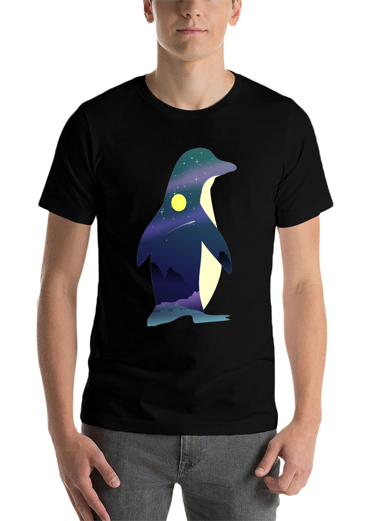 Night Sky Penguin Graphic Tee - Unique Mens T-Shirt