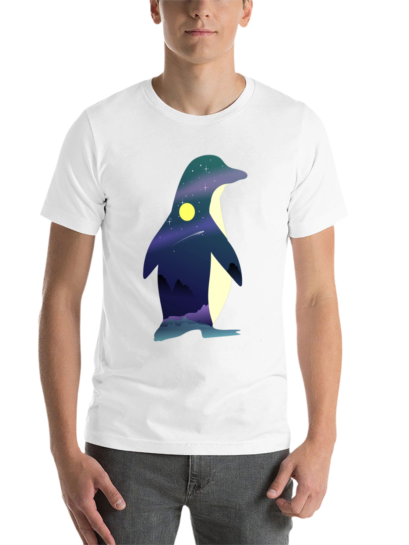 Night Sky Penguin Graphic Tee - Unique Mens T-Shirt