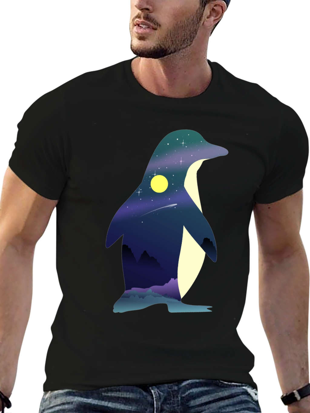 Night Sky Penguin Graphic Tee - Unique Mens T-Shirt