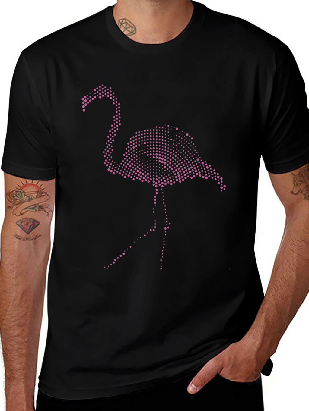 Mens Black T-Shirt with Pink Flamingo Graphic