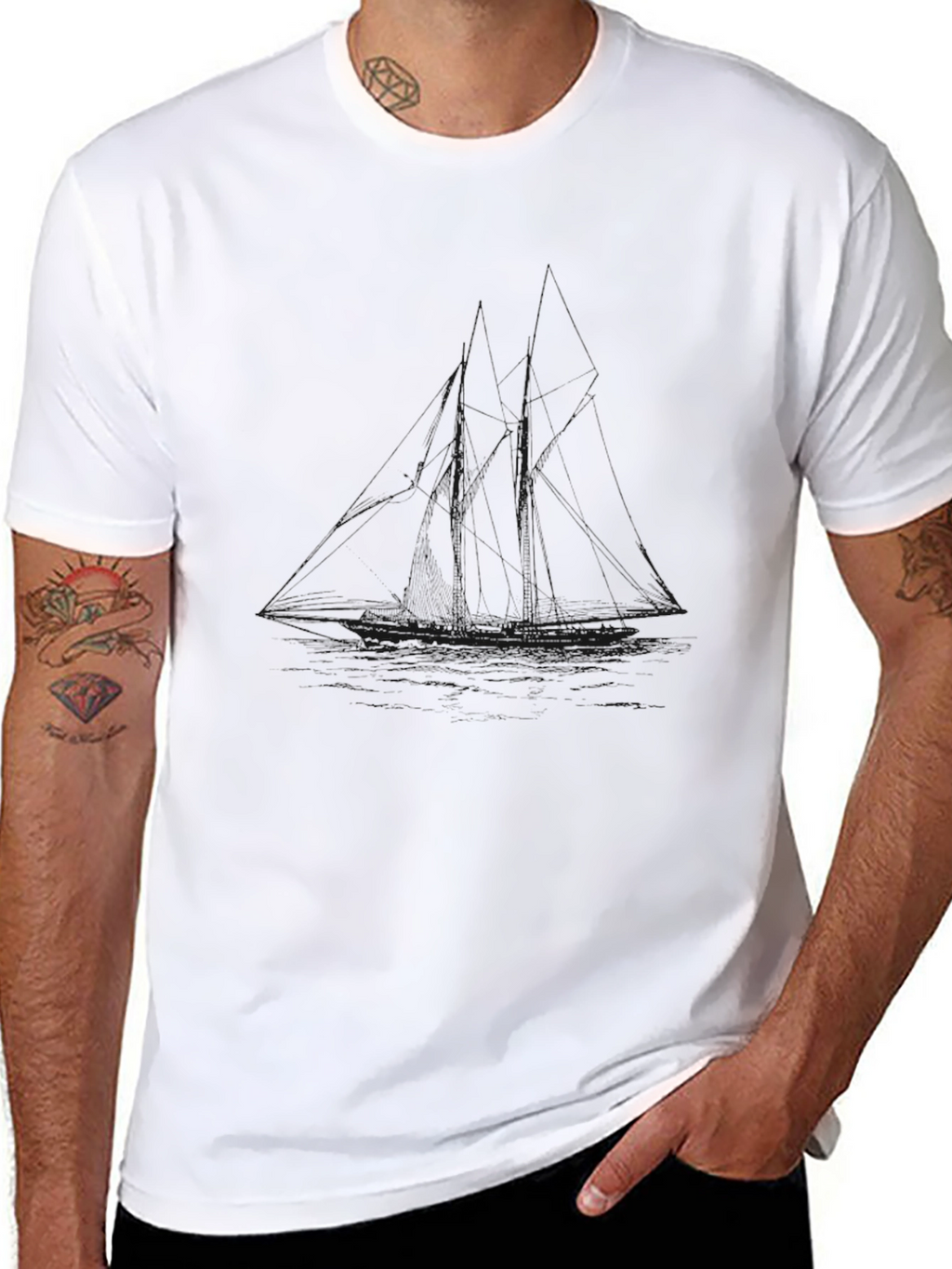 Mens Black Crew Neck T-Shirt - Graphic Sailboat Design