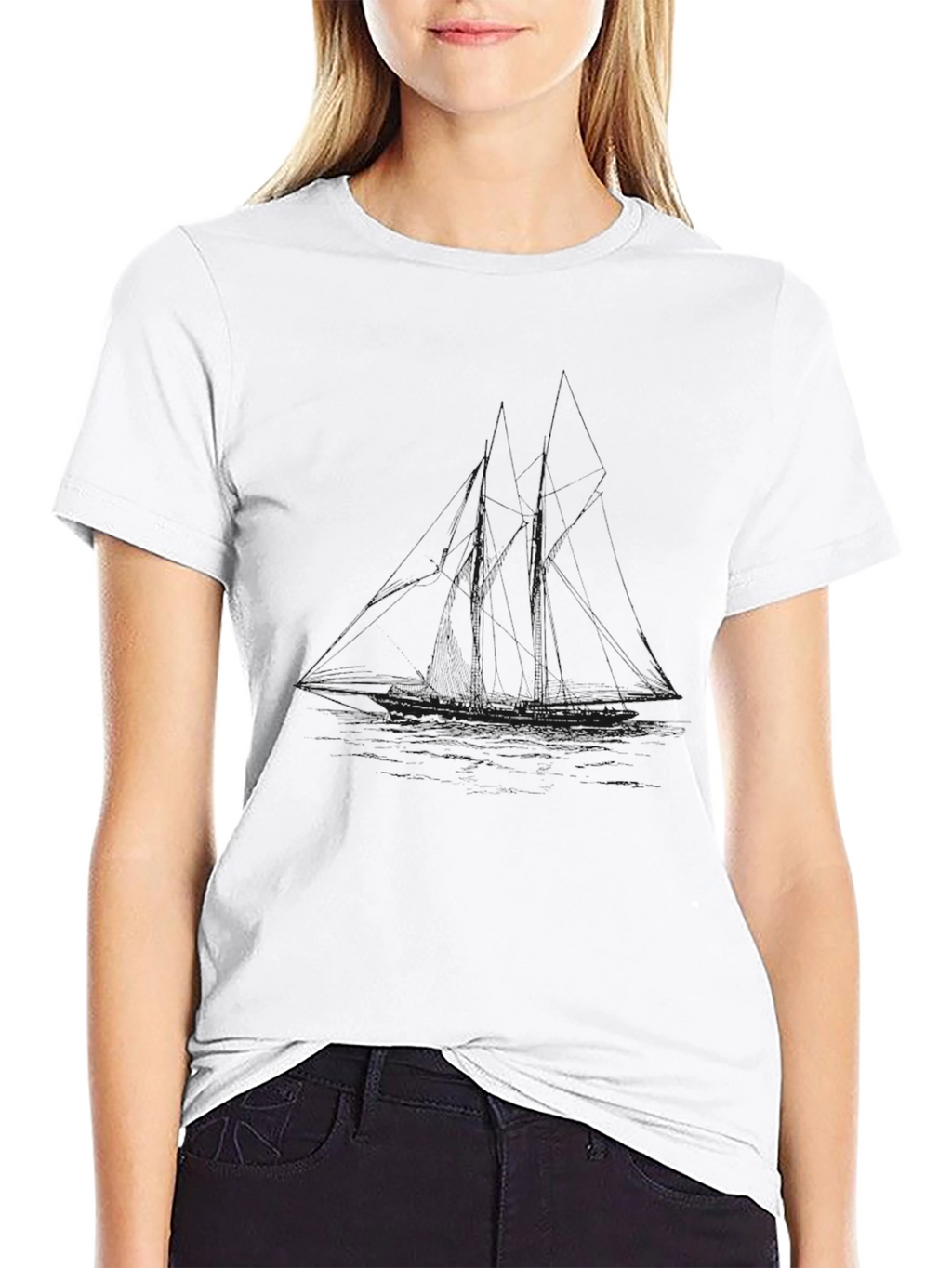 Mens Black Crew Neck T-Shirt - Graphic Sailboat Design