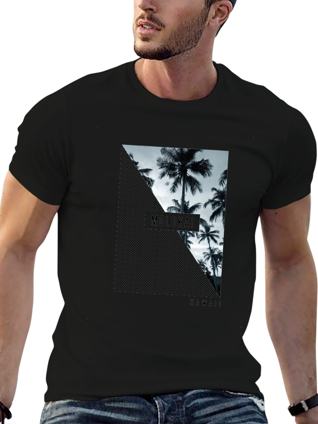 Molokai Hawaii Palm Tree Mens Black T-Shirt