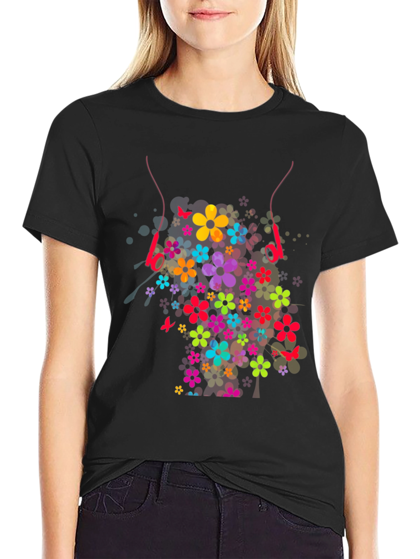 Floral Headphones Graphic T-Shirt - Stylish Design