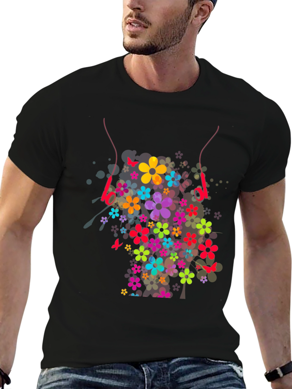Floral Headphones Graphic T-Shirt - Stylish Design