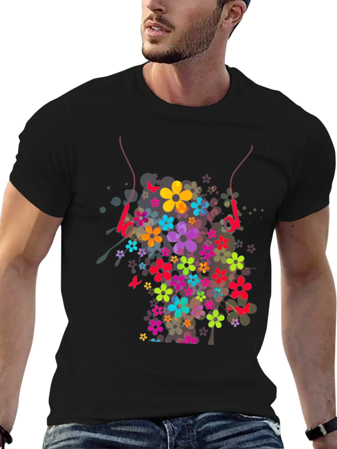 Floral Headphones Graphic T-Shirt - Stylish Design