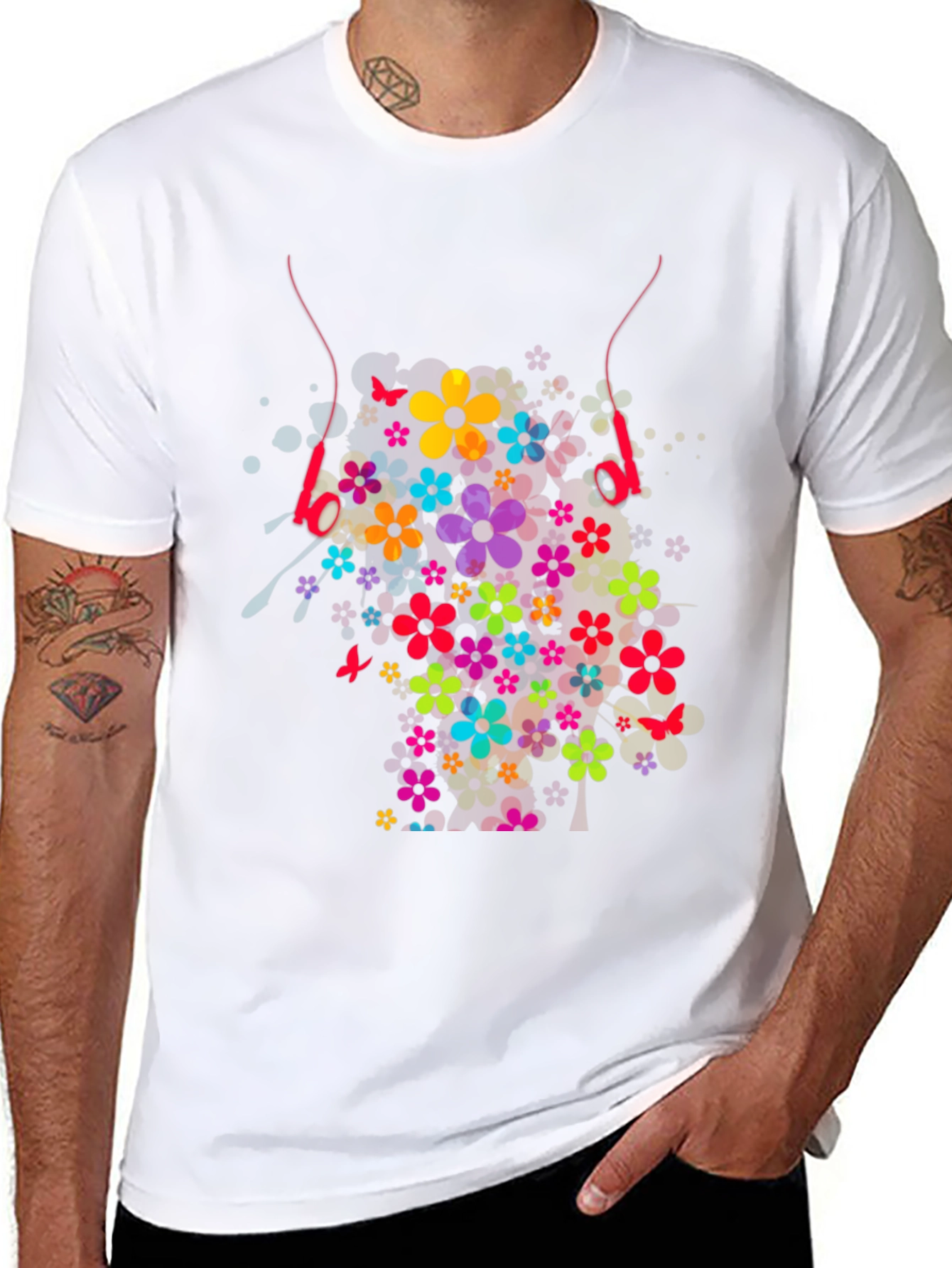 Floral Headphones Graphic T-Shirt - Stylish Design