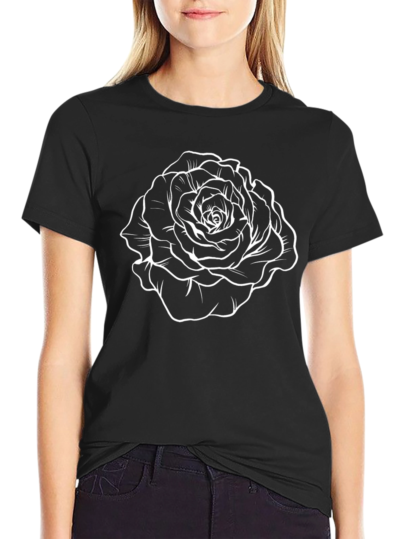 Black T-Shirt with White Rose Graphic