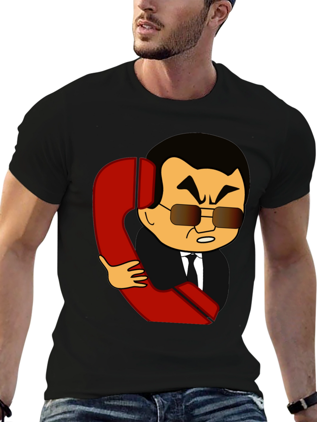 Cartoon Man With Phone Funny Black T-Shirt
