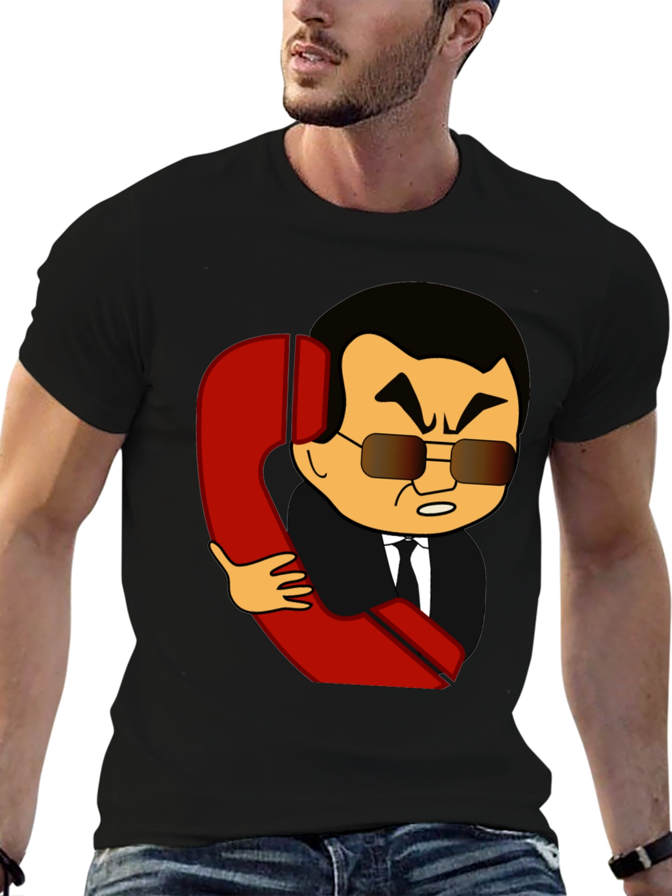Cartoon Man With Phone Funny Black T-Shirt