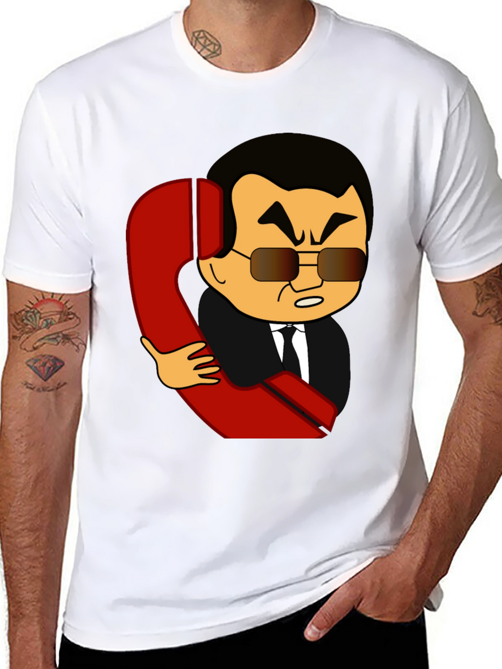 Cartoon Man With Phone Funny Black T-Shirt
