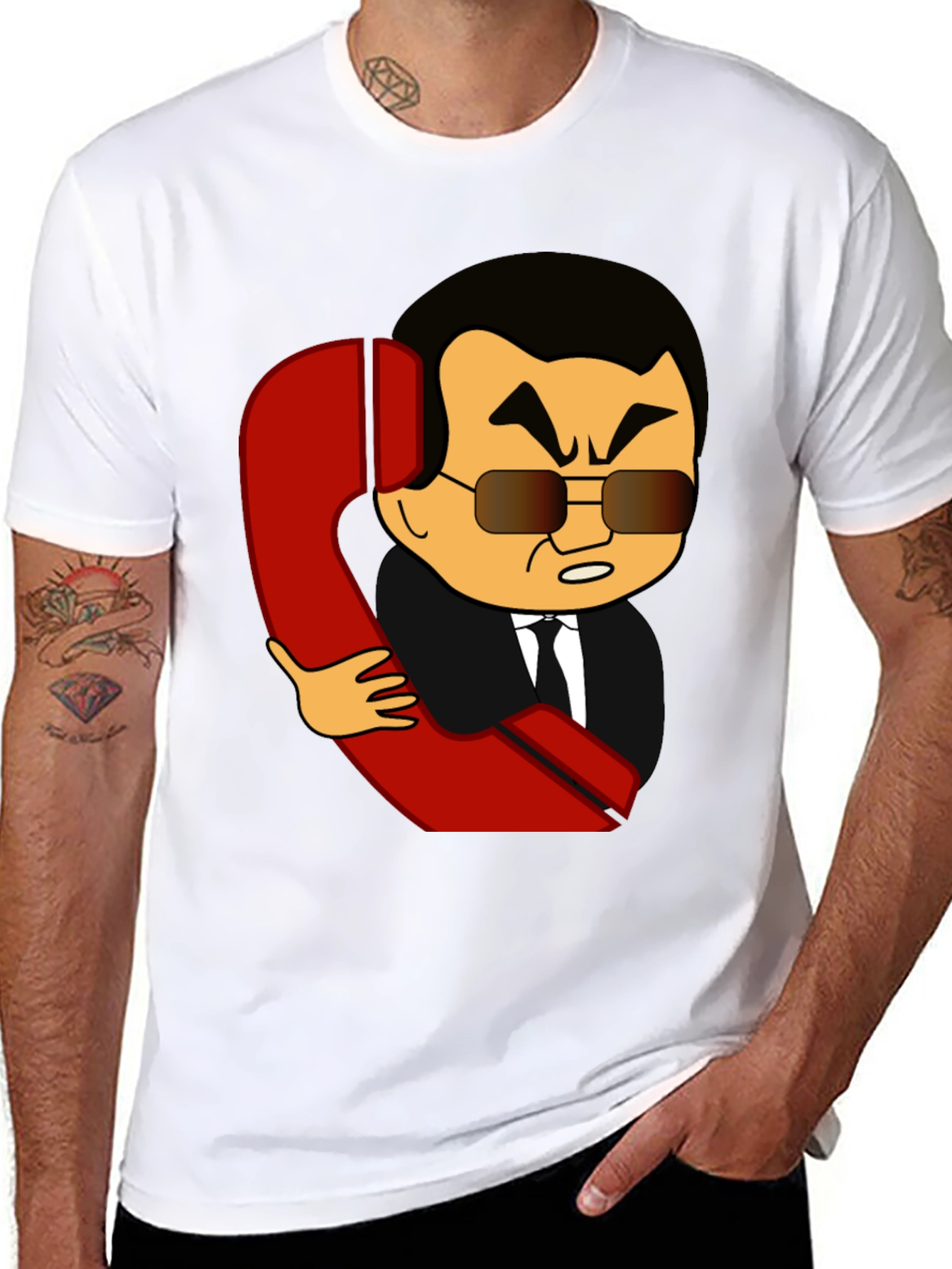 Cartoon Man With Phone Funny Black T-Shirt