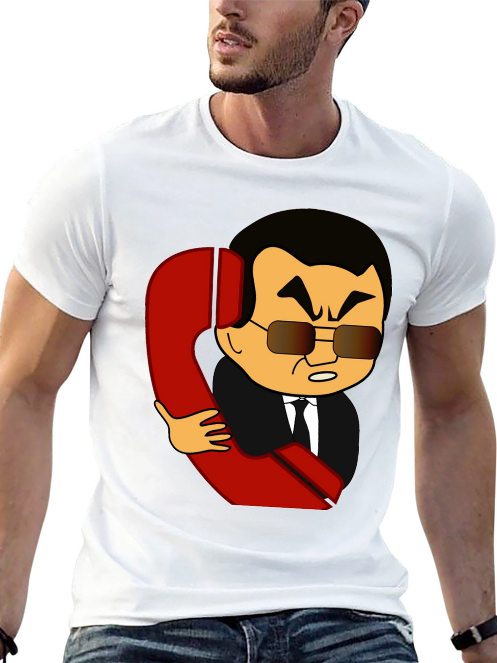 Cartoon Man With Phone Funny Black T-Shirt