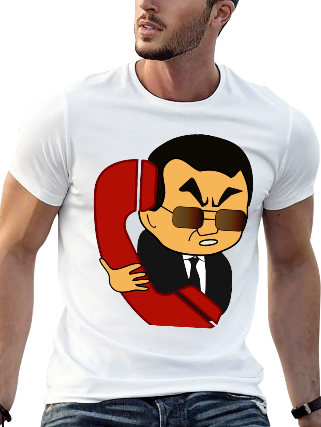 Cartoon Man With Phone Funny Black T-Shirt