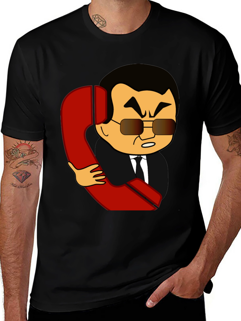 Cartoon Man With Phone Funny Black T-Shirt