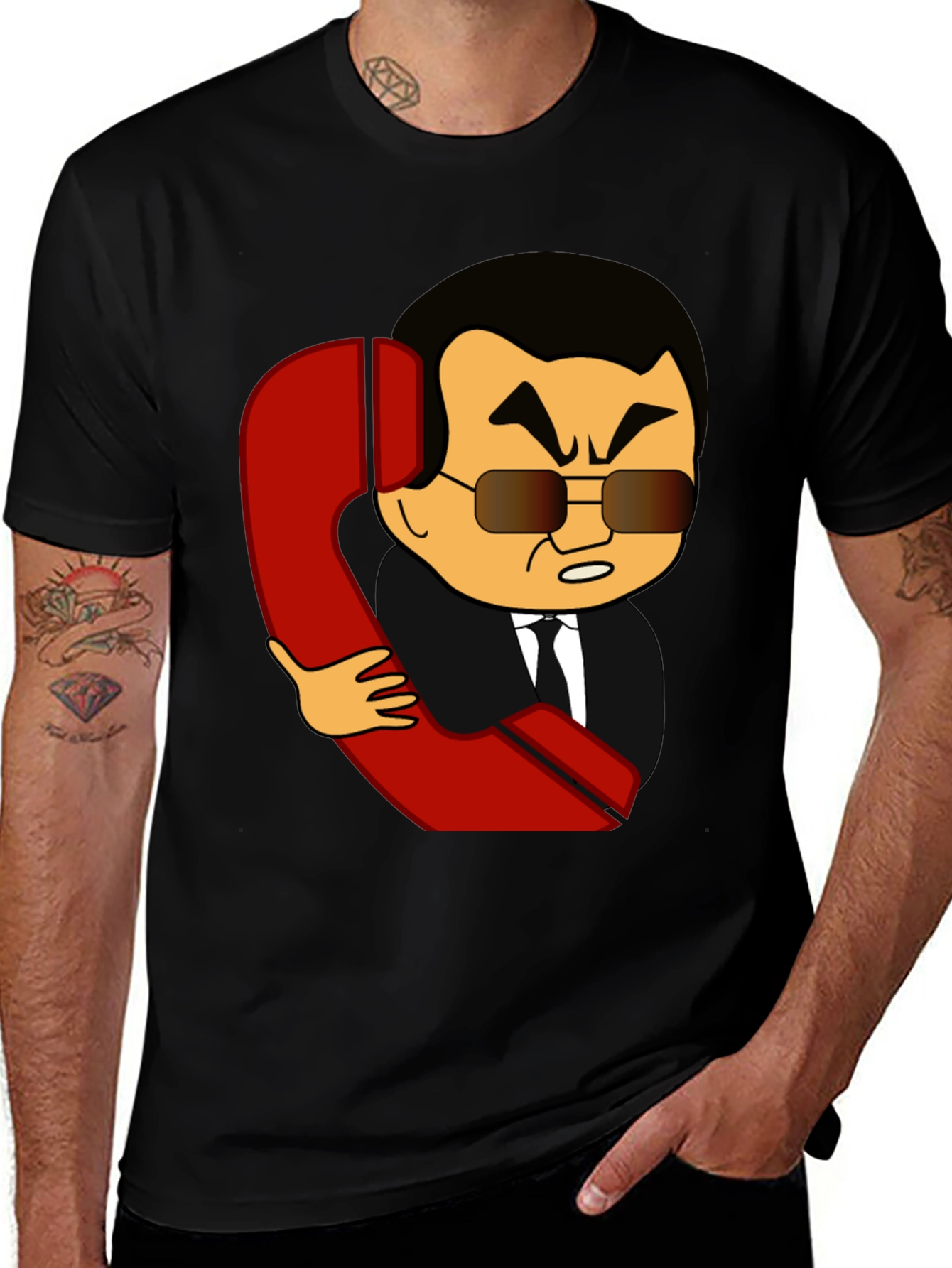 Cartoon Man With Phone Funny Black T-Shirt