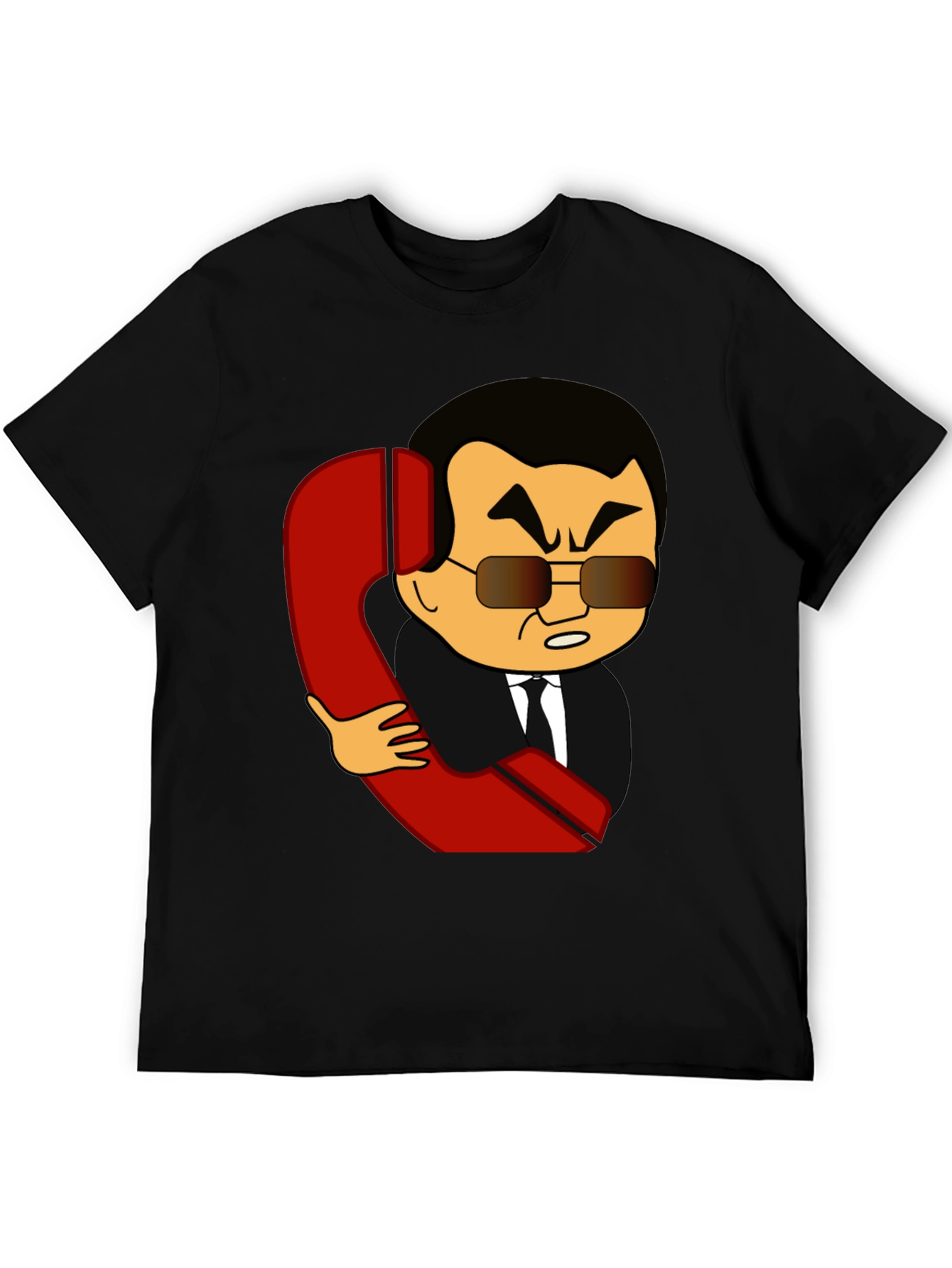 Cartoon Man With Phone Funny Black T-Shirt