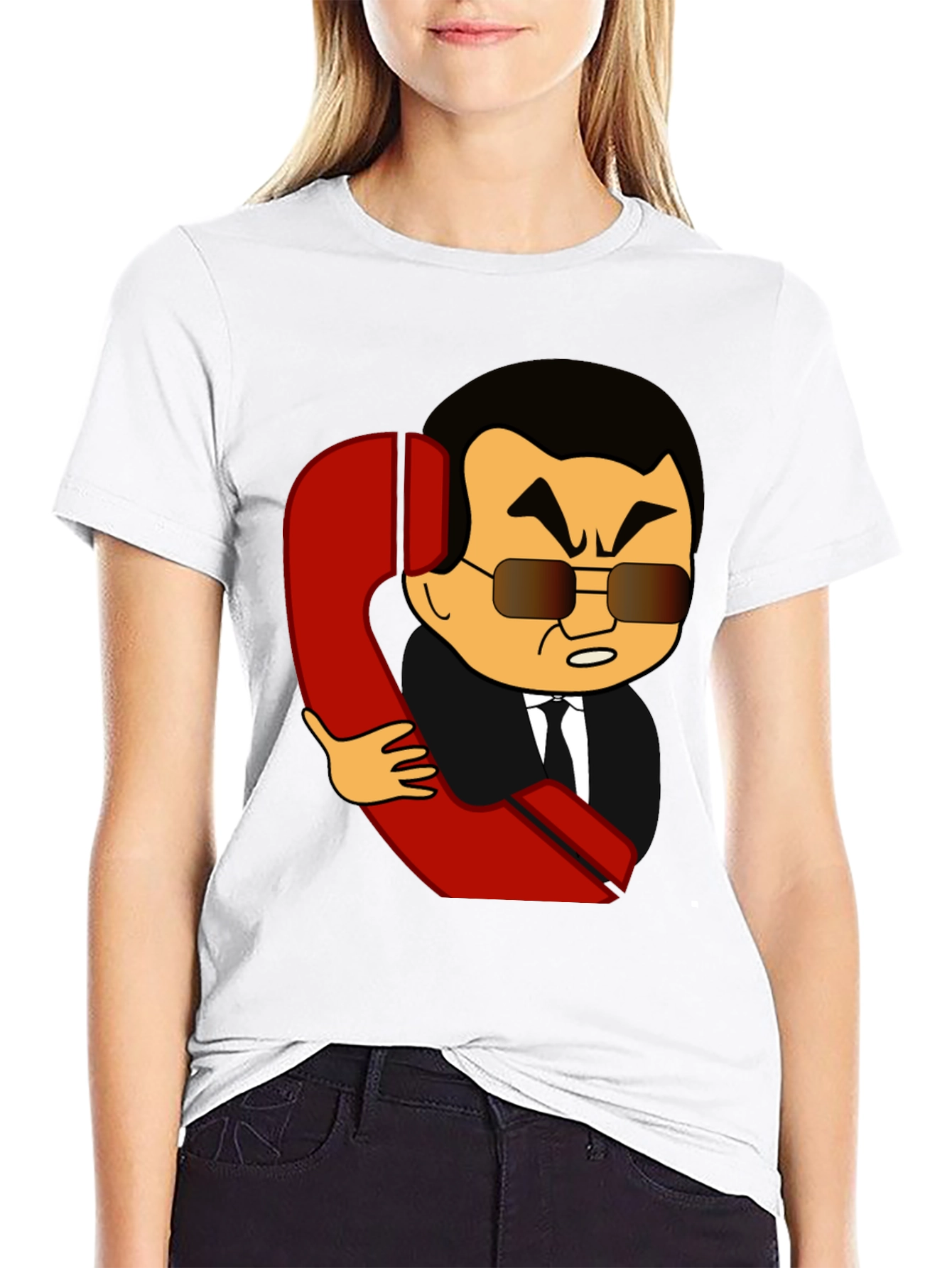 Cartoon Man With Phone Funny Black T-Shirt