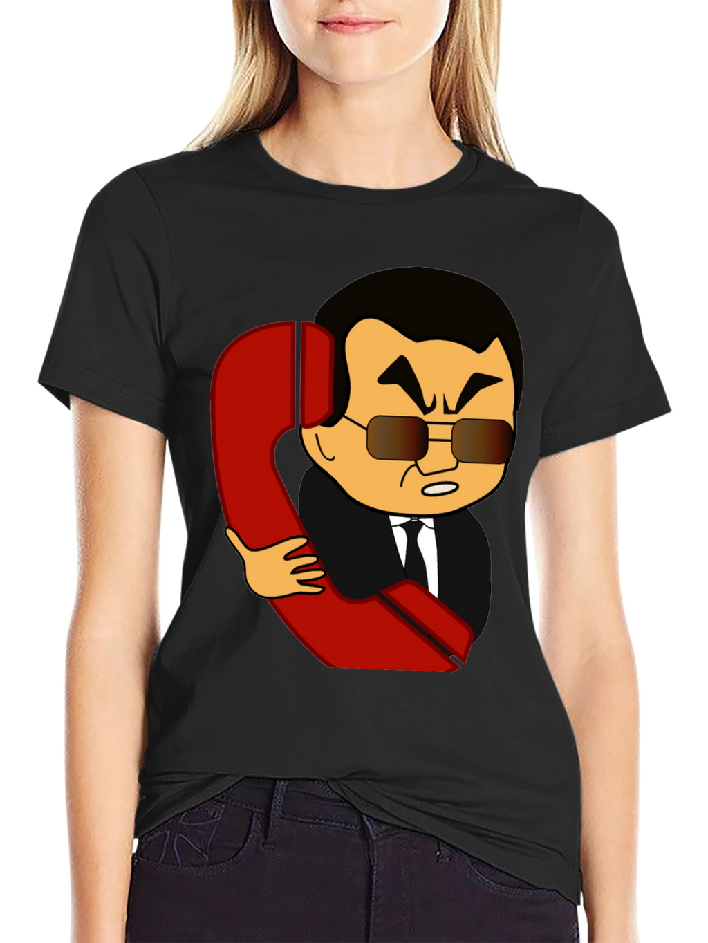 Cartoon Man With Phone Funny Black T-Shirt