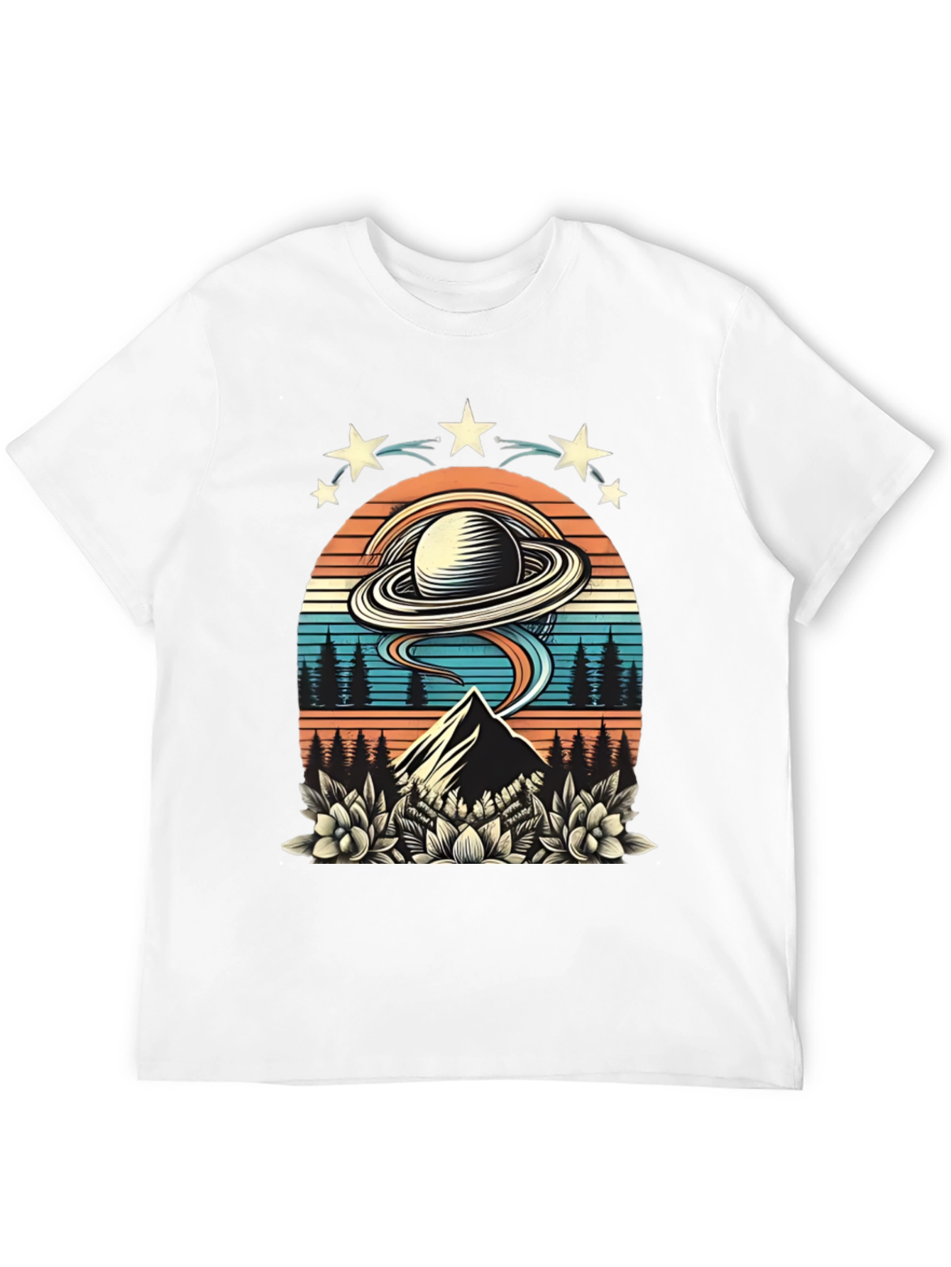 Retro UFO Saturn Mountain Graphic T-Shirt
