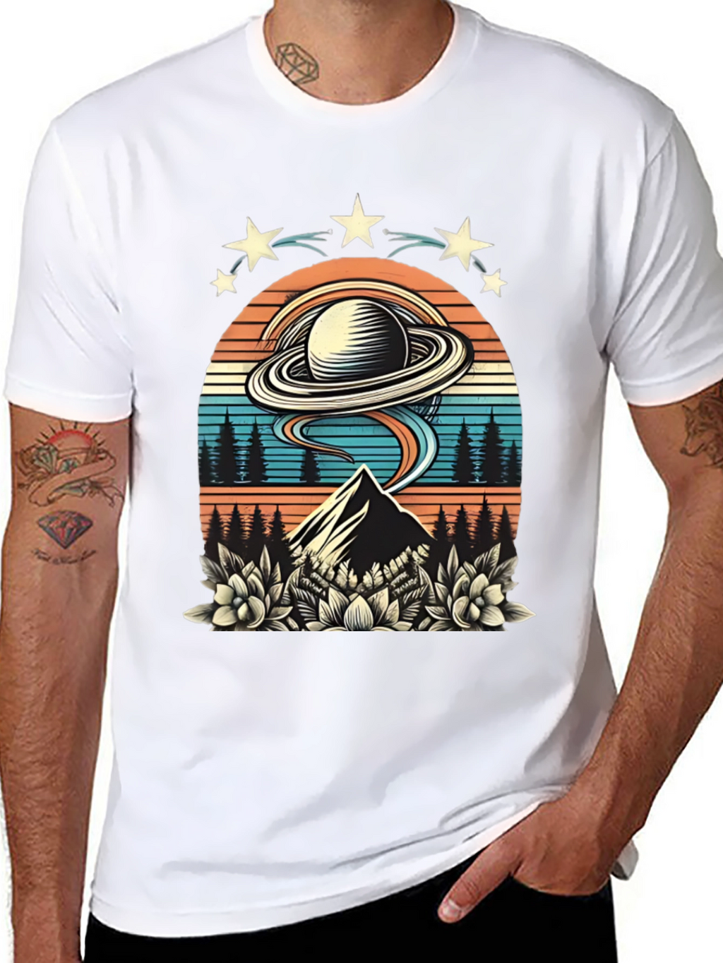 Retro UFO Saturn Mountain Graphic T-Shirt