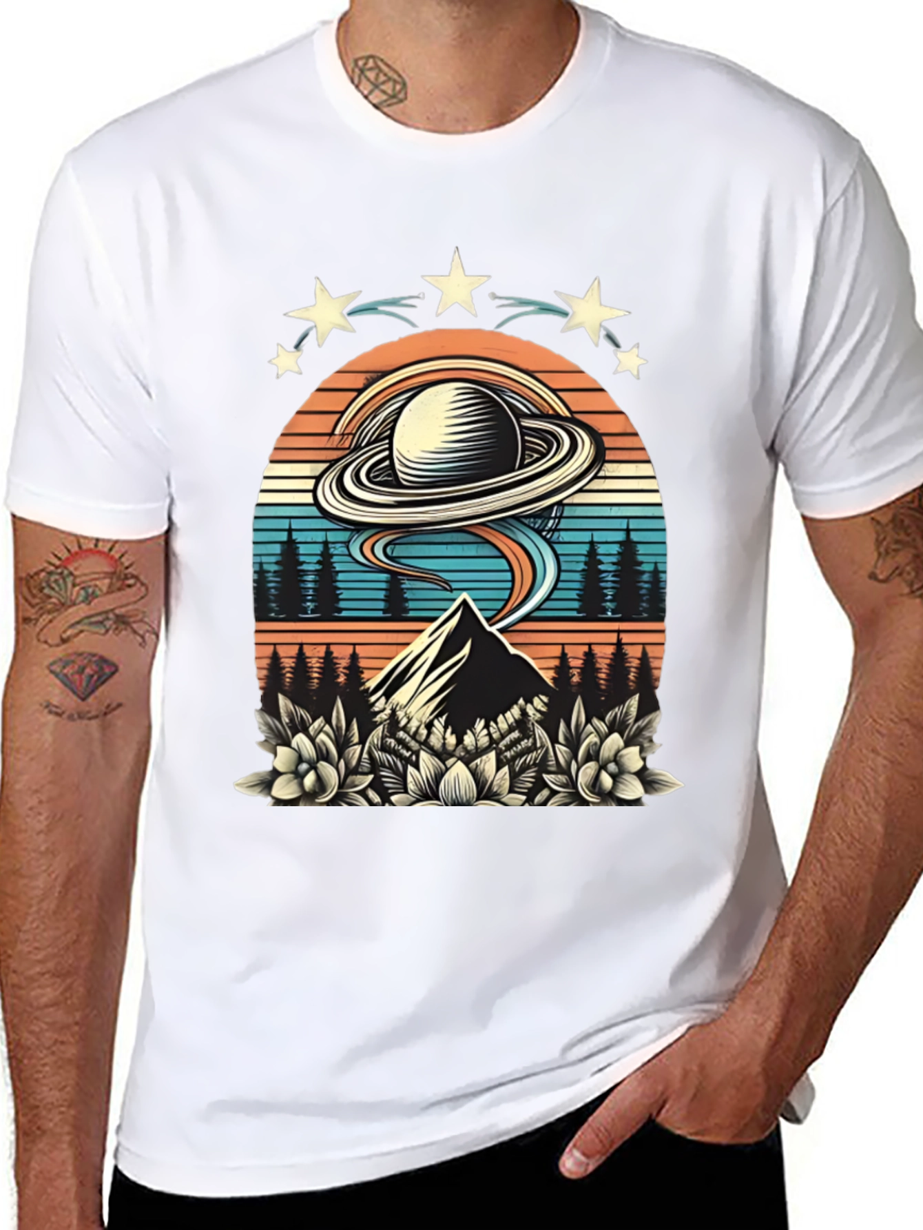 Retro UFO Saturn Mountain Graphic T-Shirt