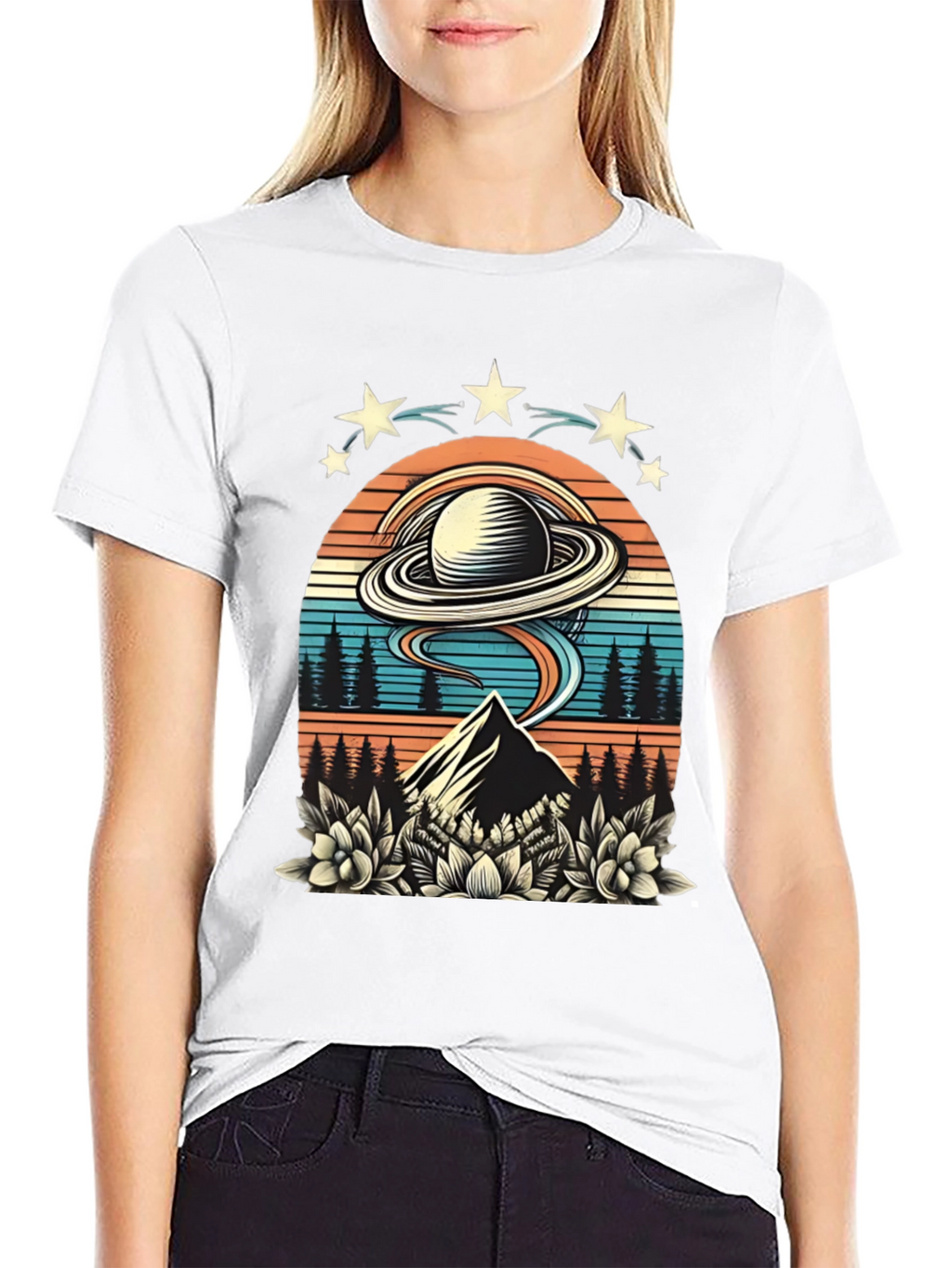 Retro UFO Saturn Mountain Graphic T-Shirt