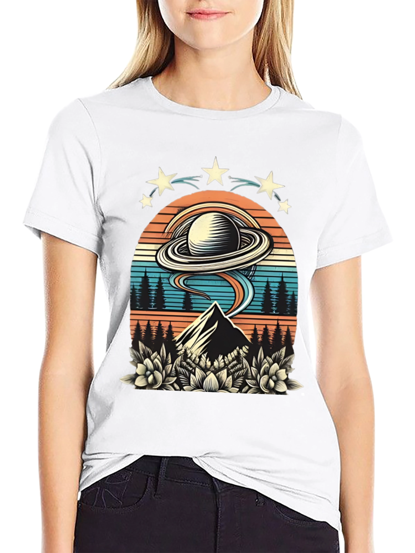 Retro UFO Saturn Mountain Graphic T-Shirt